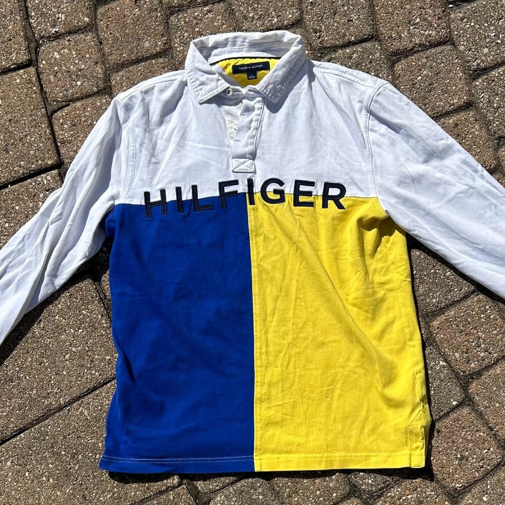 Vintage Tommy Hilfiger 90s Spell Out Rugby Men's Sz M EUC